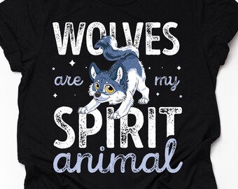 May include: Black t-shirt with a cartoon wolf and the text "Wolves are my spirit animal".