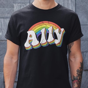 Pride Ally T-Shirt Retro LGBTQ Gay Pride Flaggen Shirt 70er Jahre LGBT Geschichtsmonat Regenbogen Flagge Shirt LGBTQIA + Pride Geschenk Erwachsene Kinder