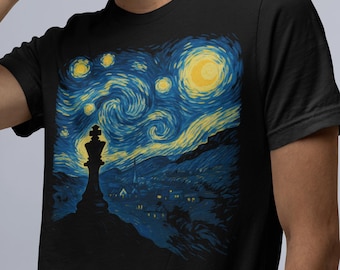 Chess Starry Night T-Shirt Van Gogh Art Chess Pieces Shirt Funny Chess Player Gift Chess King Chess Lover Tee Adults Kids Hoodie Sweater