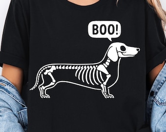Funny Dachshund Halloween T-Shirt Boo Wiener Dog Skeleton Shirt Cute Doxie Lover Gift Lazy Costume Print Tee Adults Kids Hoodie Sweater