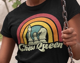 T-shirt d'échecs drôle Chemise fille d'échecs Chemise reine des joueurs d'échecs pour femme Cadeau pour amateur d'échecs rétro Pièces d'échecs vintage Tee Adultes Enfants