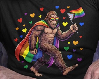 Pride Bigfoot T-Shirt LGBTQ Shirt Rainbow Progress Flag Sasquatch Ally Gift Gay Pride Month Queer Print Tee Adults Kids Hoodie Sweater