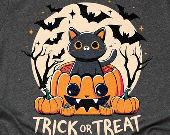 Trick or Treat Halloween T-Shirt Cute Black Cat Pumpkin Shirt Spooky Halloween Costume Graphic Tee Fall Outfit Adults Kids Hoodie Sweatshirt