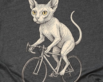 Sphynx Cat Riding Bicycle T-Shirt Funny Hairless Cat Shirt Cycling Lover Bicycling Cat Gift Bike Print Tee Adults Kids Hoodie Sweater