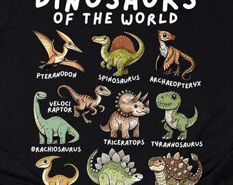 Types of Dinosaurs T-Shirt Educational Dinosaurs of the World Cute Cartoon Dino Collection Shirt Dinosaur Lover Gift Print Tee Adults Kids