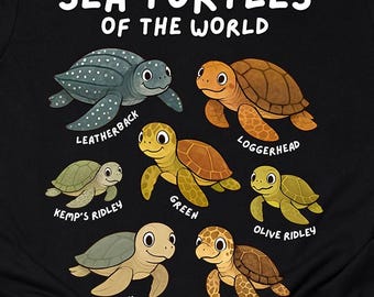 Sea Turtles of the World T-Shirt Educational Ocean Animal Shirt Cute Turtle Species Gift Tortoise Lover Nature Print Tee Adults Kids Hoodie