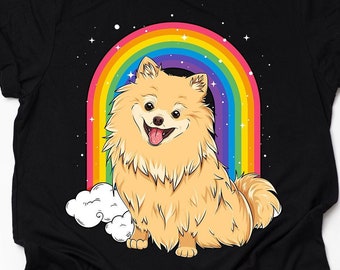 Unisex Funny Pomeranian Dog Rainbow T-Shirt, Pomeranian Owner Dog Gift, Cute Zwergspitz Lover Shirt, Pom Dog Print Tee Shirt Adults Kids