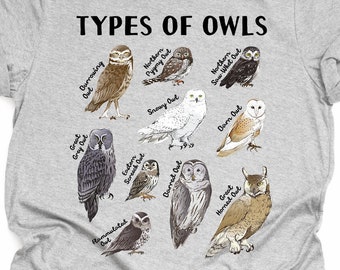 Unisex Cute Types of Owls Gift, Owl Lover Shirt, Owl Lover Gift, Educational Collection Owl Print T-Shirt Adults Kids Boys Girls T-Shirt