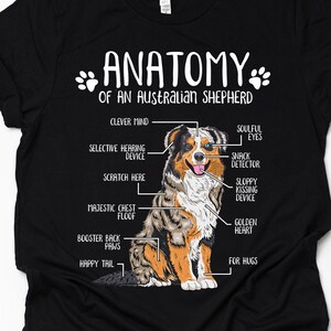 Unisex grappig cadeau Australische herder hondenliefhebber, anatomie Australische herder T-shirt, shirt Aussie minnaar, hond print T-shirt volwassenen kinderen