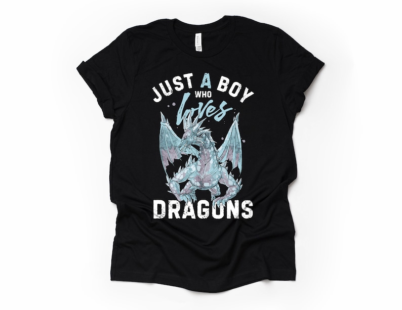 May include: Black t-shirt with a white graphic of a blue dragon and the text "Just a boy who loves dragons".