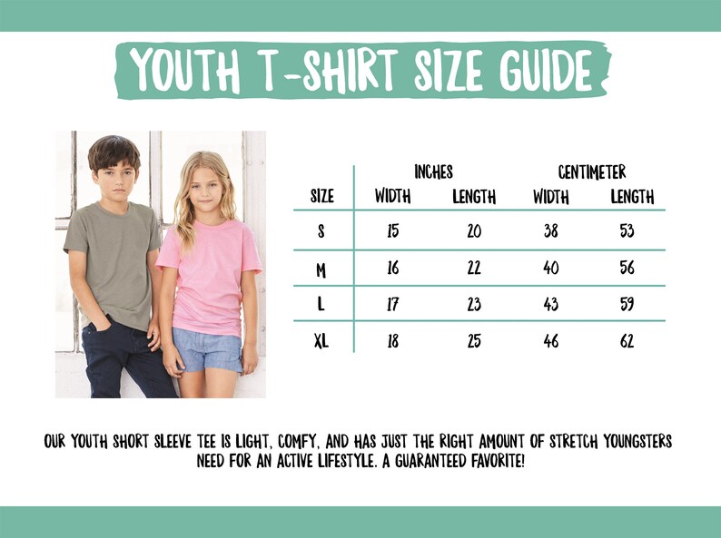 May include: Youth t-shirt size chart with measurements in inches and centimeters. The chart shows the width and length of the shirt in each size: S, M, L, and XL.
