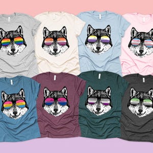 May include: A collection of short-sleeved t-shirts in various colors, each featuring a graphic of a wolf's head wearing sunglasses with different pride flag designs. The shirts are displayed on a rainbow-colored background.