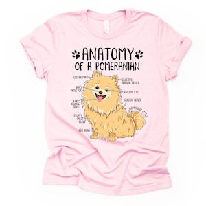 Op de afbeelding: Roze T-shirt met een cartoon Pomeranian hond en de tekst "Anatomie van een Pomeranian" met humoristische beschrijvingen van de kenmerken van de hond.