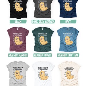 Op de afbeelding: Een set van 10 verschillende kleur t-shirts met een cartoon Pomeranian hond met de tekst "Anatomy of a Pomeranian". De t-shirts zijn verkrijgbaar in zwart, donkergrijs heather, marineblauw, heather maroon, heather forest, heather deep teal, athletic heather, wit en cr&egrave;me.