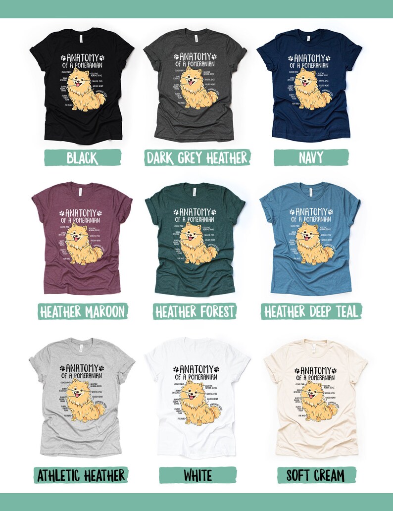 Op de afbeelding: Een set van 10 verschillende kleur t-shirts met een cartoon Pomeranian hond met de tekst "Anatomy of a Pomeranian". De t-shirts zijn verkrijgbaar in zwart, donkergrijs heather, marineblauw, heather maroon, heather forest, heather deep teal, athletic heather, wit en cr&egrave;me.