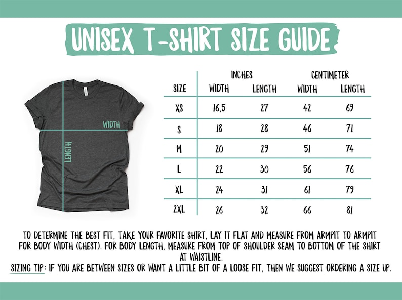 Op de afbeelding: Unisex t-shirt maattabel met een tabel die de afmetingen in inches en centimeters laat zien voor maten XS tot 2XL. De tabel bevat de breedte- en lengtemaat voor elke maat.