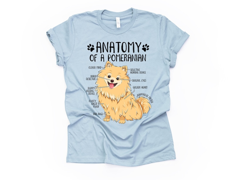 Op de afbeelding: Een lichtblauw T-shirt met een cartoon Pomeranian-hond en de tekst "Anatomie van een Pomeranian". De hond is gelabeld met humoristische anatomische kenmerken zoals "Slimme geest", "Snack-detector", "Slordige kusapparaat", "Pluche borstpluis" en "Voor knuffels".