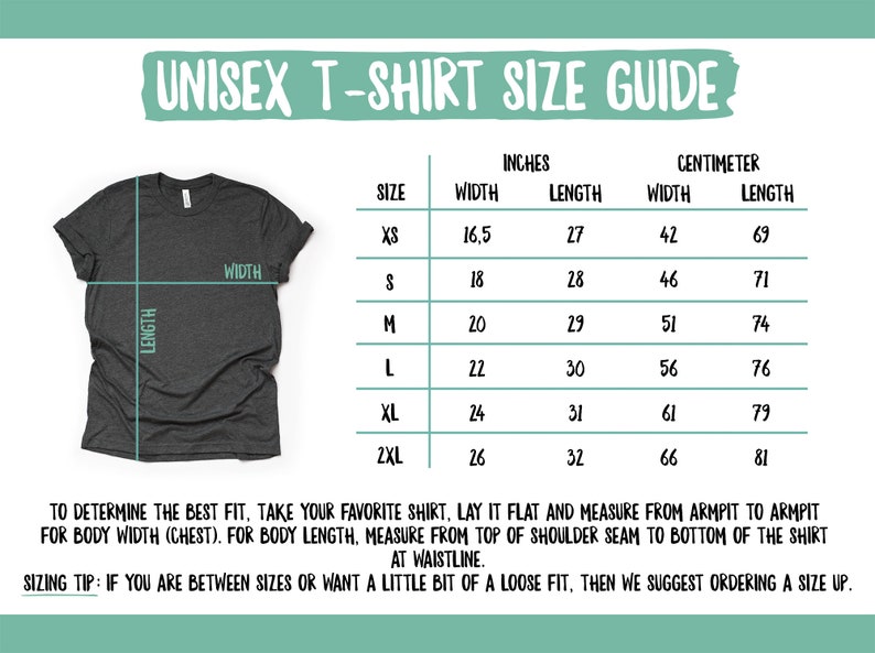 May include: Unisex t-shirt size guide with a chart showing measurements in inches and centimeters for sizes XS to 2XL. The chart includes width and length measurements for each size.