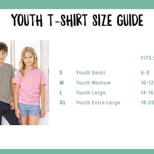 May include: A youth t-shirt size guide with the text "YOUTH T-SHIRT SIZE GUIDE". The guide includes sizes S, M, L, and XL, with corresponding age ranges. Two children model the t-shirts, one in a gray shirt and the other in a pink shirt.