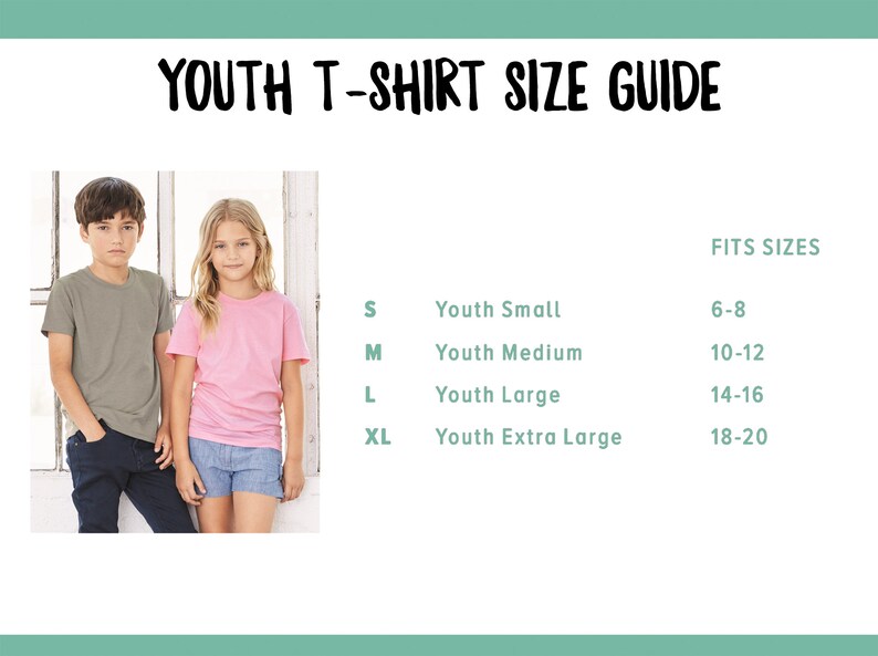 May include: A youth t-shirt size guide with the text "YOUTH T-SHIRT SIZE GUIDE". The guide includes sizes S, M, L, and XL, with corresponding age ranges. Two children model the t-shirts, one in a gray shirt and the other in a pink shirt.