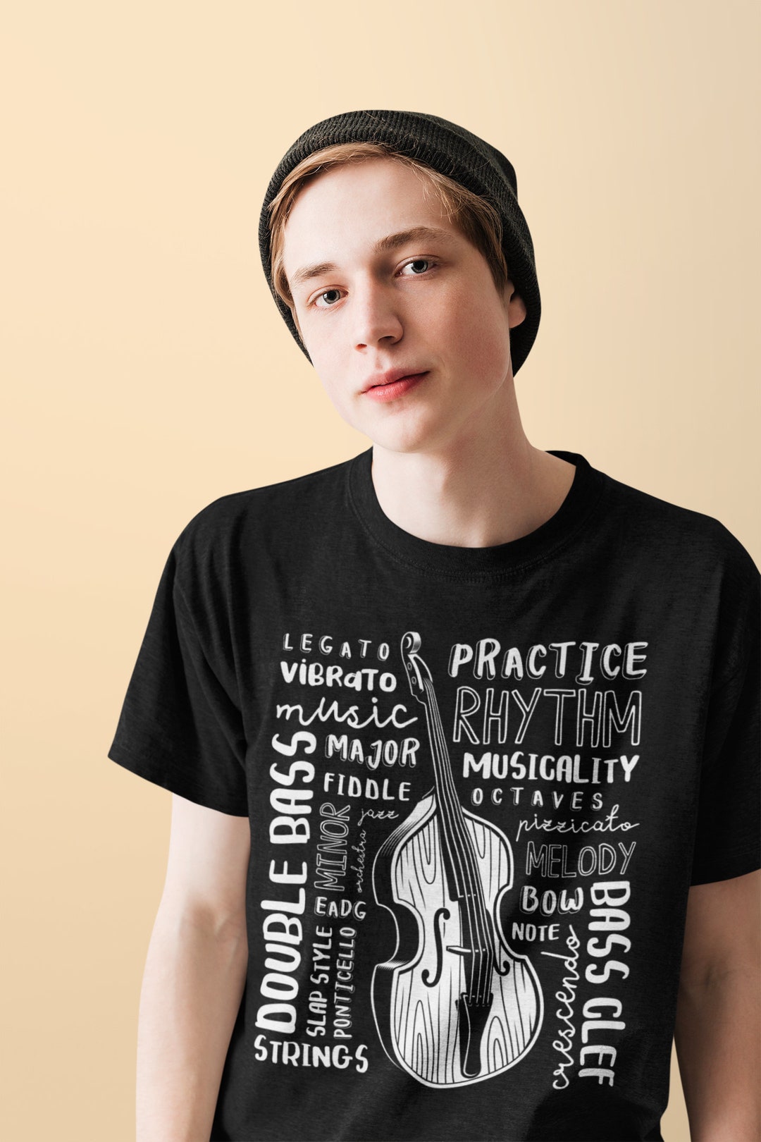 Unisex Double Bass Word Cloud Shirt, Upright Bass Art Tshirt