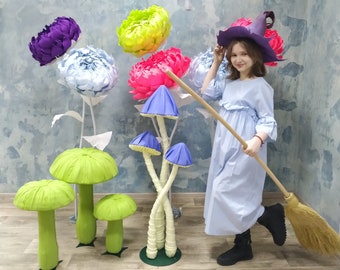 Set 12 Giant mushrooms and peonies for Alice in Wonderland performance, party, scene, Huge backdrop decor