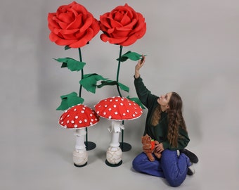 Set of 4 decorations. Giant mushrooms and roses for Alice in Wonderland performance, party, scene, Huge backdrop decor.