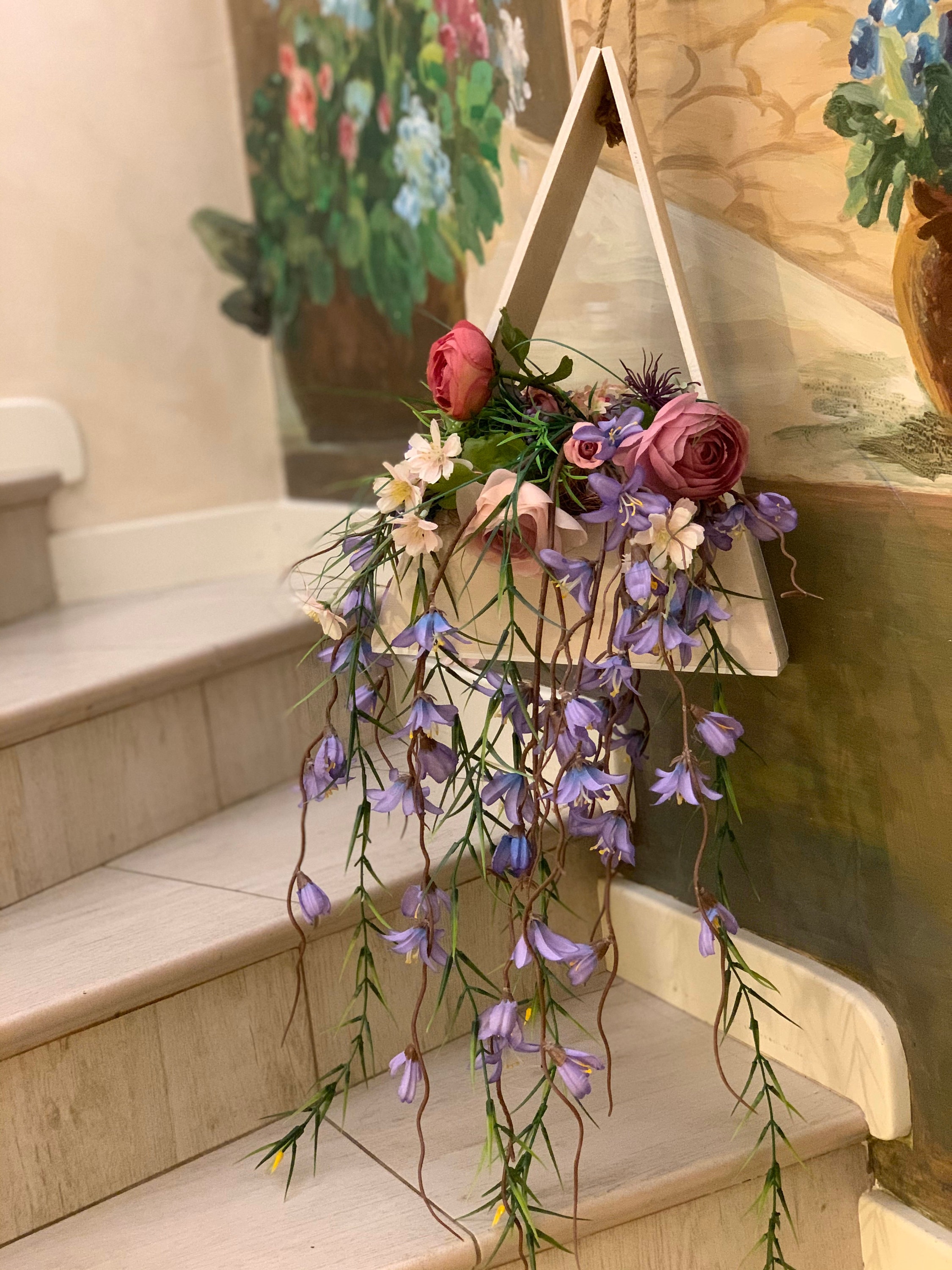 Outdoor artificial flower arrangement in wood triangle with Etsy