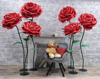 Red giant foam rose on metal stand, Huge flower for shop window display, Alice in Wonderland party, Interior decor, Props for photo shoots