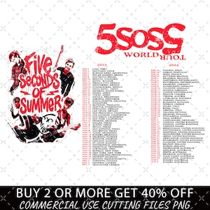 Puede incluir: Un diseño gráfico rojo y blanco para la gira mundial de 5 Seconds of Summer 2024. Las fechas y ubicaciones de la gira se enumeran para 2023 y 2024. El nombre de la banda está en letras rojas grandes con un gráfico rojo y blanco de un miembro de la banda tocando la guitarra. El texto "Compra 2 o más y obtén un 40% de descuento" está en la parte inferior del diseño.
