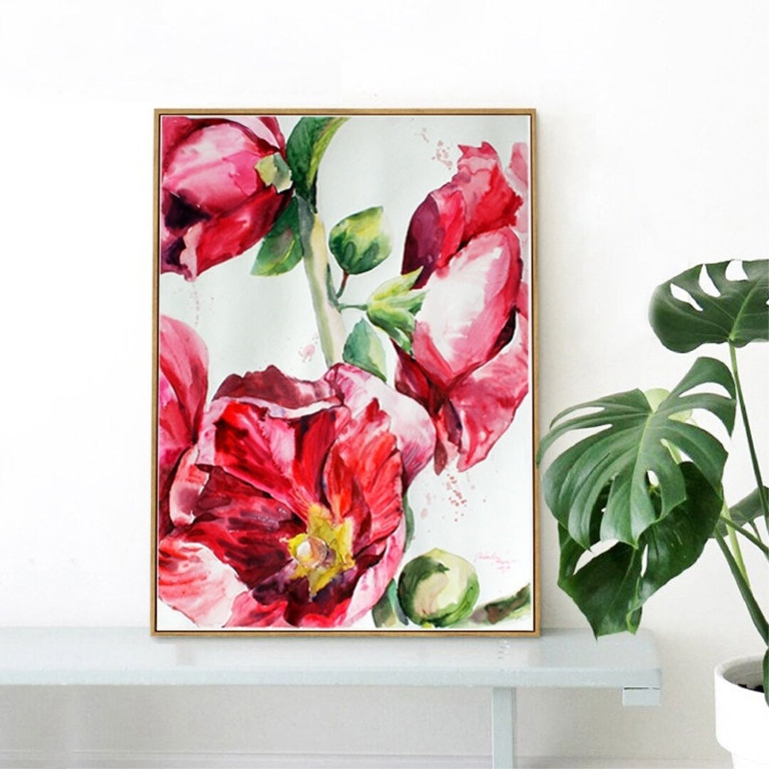 Mallow Flowers Pink Flowers Wall Art Aquarelle Home Decor Watercolour
