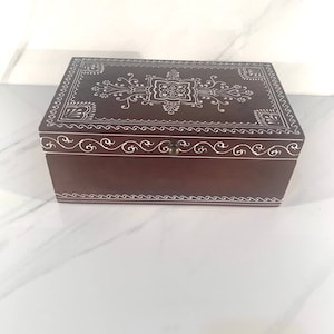 Decorated Wood Keepsake Storage Box for photos, coins, bible, accessories, documents, books Without Lock (with scroll pattern)