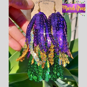 NEW 2026!!! Mardi Gras Layered Sequin Tassel Earrings!! Very Lightweight!!