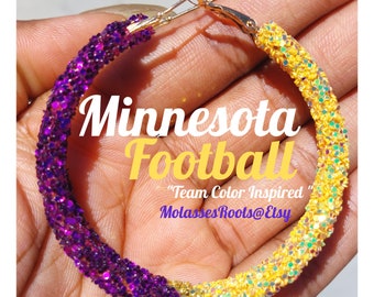 May include: Purple and gold glitter hoop earrings. "Team Color Inspired" MolassesRoots@Etsy