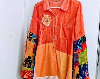 Boho Reworked Patchwork Button-Up Shirt: Upcycled Bell Sleeves, Lace Trim