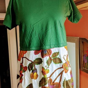 Emerald Green Crop top,  plus bold colorful cotton painted dress w/embellishments. Water color flowers, Tunic Large, embroidered leaves.