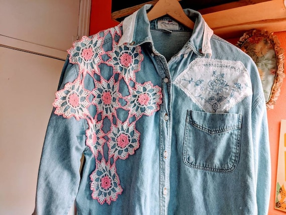 Upcycled Denim Button-up Shirt XL With Vintage Crochet & Lace - Etsy