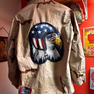 Upcycled Camouflage Shirt: Men's Patriotic Eagle Patch Jacket