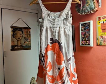 Vintage Mossimo Dress XS: Orange Brown Floral Print, Linen Rayon Blend