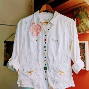 Upcycled Vintage Denim Shirt: Embroidered Doily Accents, Colorful Buttons