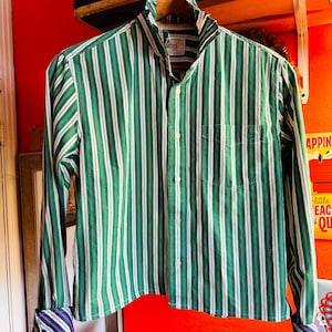Refashioned Men’s Shirt! Cropped & added ruffled collar! Redesigned from a small Stanford cotton striped dress shirt. Soft, comfy.
