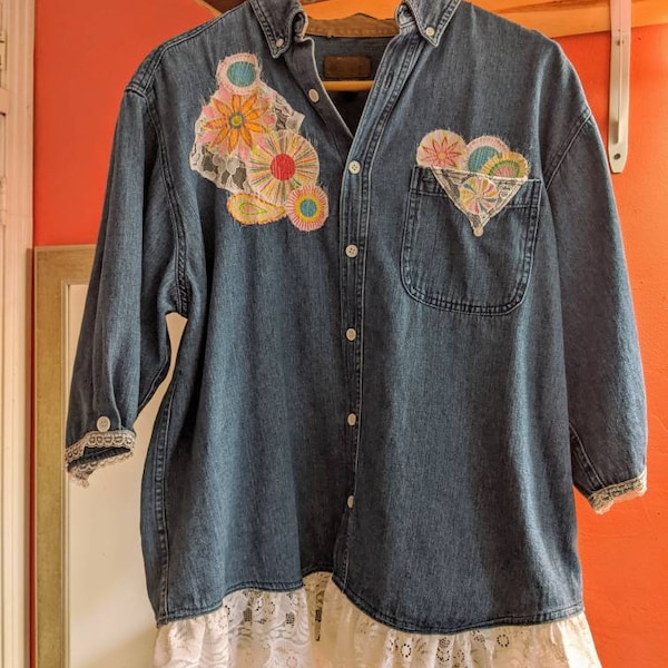 Denim blue cotton! Button-up! Large! Upcycle! Lace paint w/fabric! Flowers! Doily! Country style!