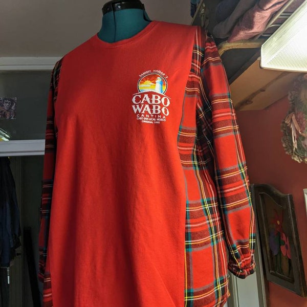 Upcycled Medium Men's Cabo Wabo Cantina! Tshirt/Long sleeve Flannel! Soft Red Plaid, cotton t-shirt!