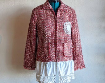Vintage Embellished Red Jacket: Doily Trim, Silky Lined