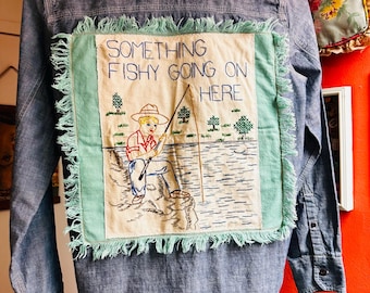 Vintage Embroidered Denim Shirt, "Something Fishy", Lands End Size 14