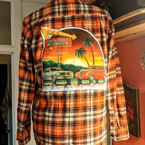 Do you wear your heart on your sleeve? Upcycled In-n-Out M. Flannel Shirt!! Upcycled, reuse tshirts and flannel shirts. Tshirt heart patch!