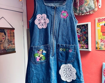 Girls Minnie Mouse Denim Jumper: Embroidered & Vintage Doilies, Size 12