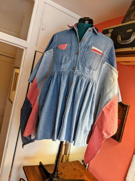 Upcycled Denim Cottage Core Poncho: Shabby Chic Granny Quilt, Button-Up Pockets