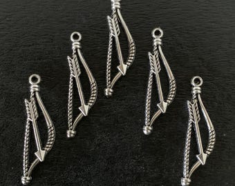 5 silver bow arrow pendants, bow and arrow charm, bow charms, bow pendant, arrow charm, arrow charm bulk, charm arrow, archery pendant, bow