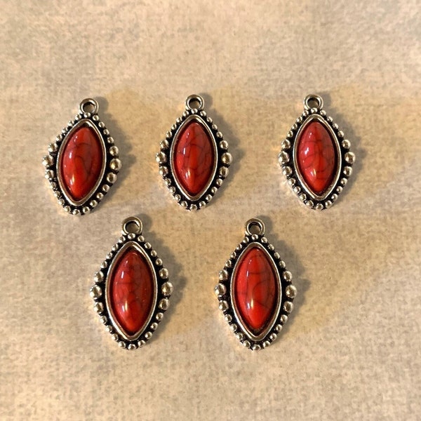 5 red stone charms, red stone charm, red stone pendant, red stone jewelry, red charm, red charm pack, southwestern charms, red and silver